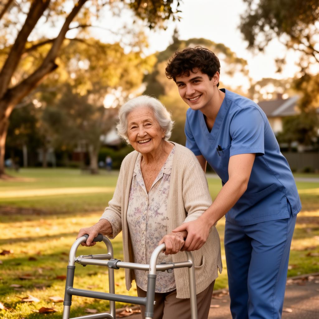 Support worker walking with an elderly woman in a Melbourne park