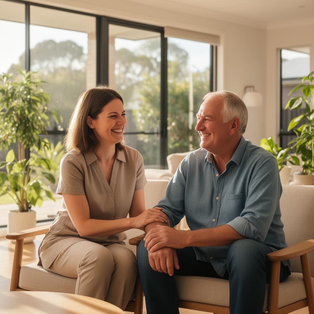Monash Care Group support worker laughing with an NDIS participant in a warm sunlit Melbourne home